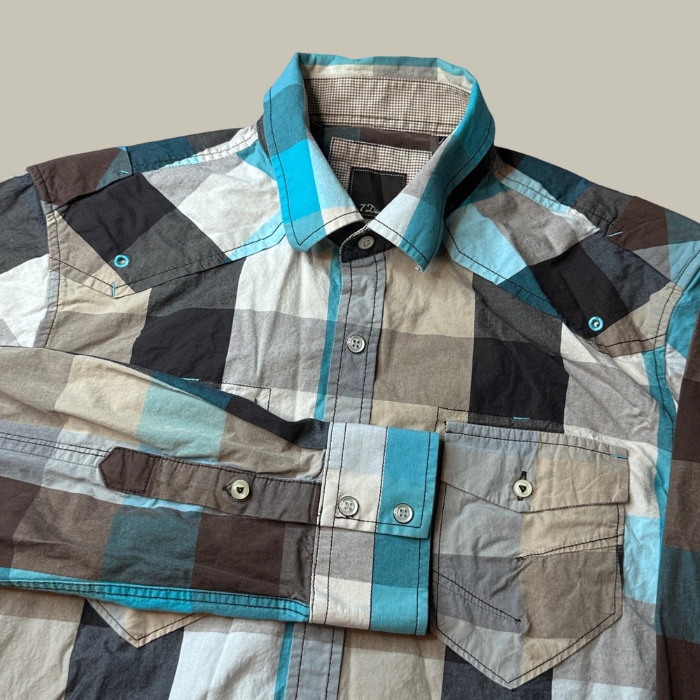 7 Diamonds Shirt Mens Large Plaid Blue Brown Pearl Snap Western Yoke Cotton